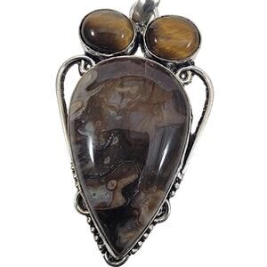 Handmade Sterling Silver Pendant with Petrified Wood,  Tiger’s Eye Stone Accents